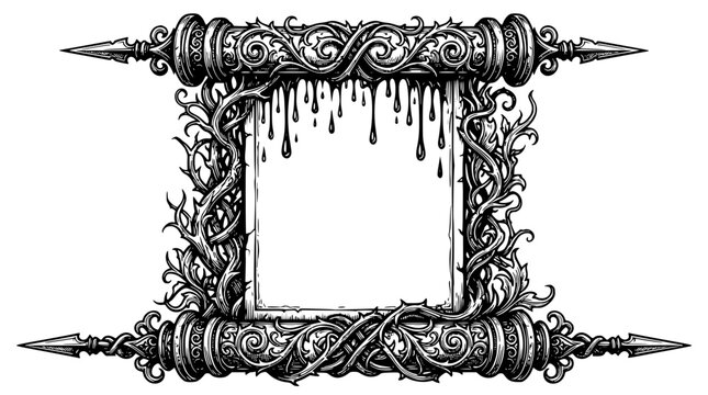 Ornate black and white vector frame with thorns and spikes design