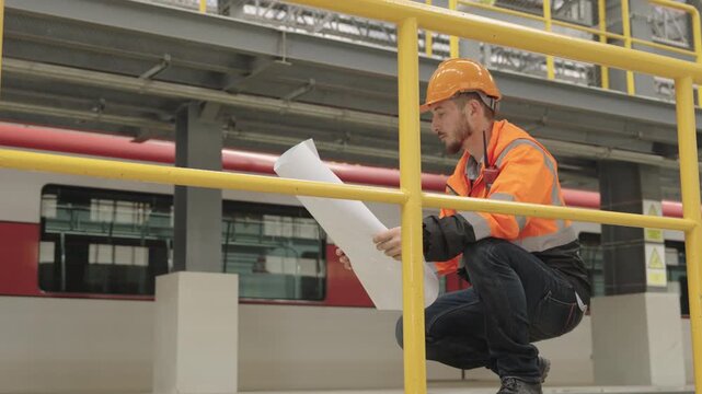 Construction worker intently studies blueprint on metal platform near electric train with yellow safety barriers and railings within dark industrial environment during project oversight.