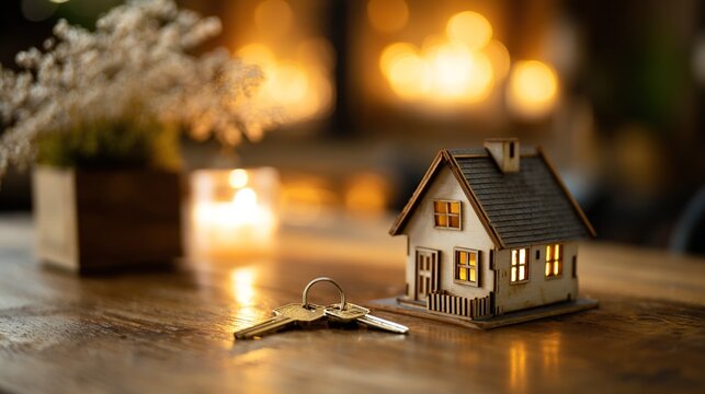 important. Miniature house model on wooden table with warm golden lighting for discussion. real-estate listings, architecture portfolios, designed for interior renovation comparisons for interiors.
