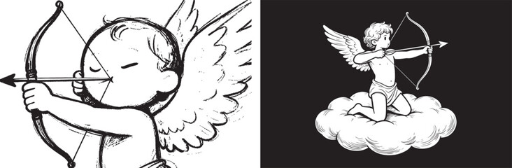 Obraz premium Cupid cherub angel with bow and arrow kneeling on cloud black and white hand drawn illustration for romantic design and Valentine's Day