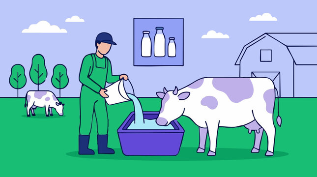 Dairy farmer feeding cow with water on rural farm flat illustration