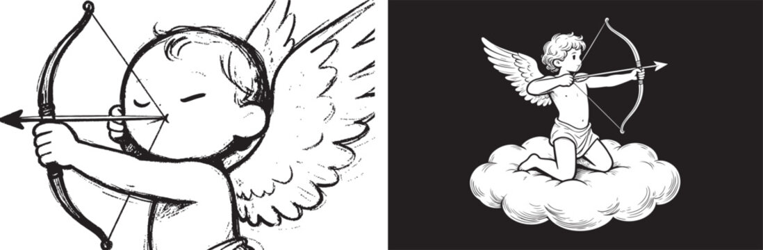 Cupid cherub angel with bow and arrow kneeling on cloud black and white hand drawn illustration for romantic design and Valentine's Day
