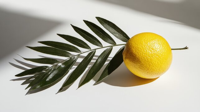 Symbolic etrog and lulav arrangement for Sukkot on a white surface