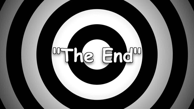 Vintage cartoon style 'The End' screen with black and white concentric circles.