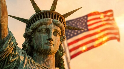 Obraz premium Close-up of the Statue of Liberty's face with the American flag waving in the background at sunset