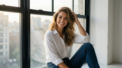 Fototapeta premium A smiling woman in a white shirt sits by a large window, enjoying natural daylight in a modern urban apartment.