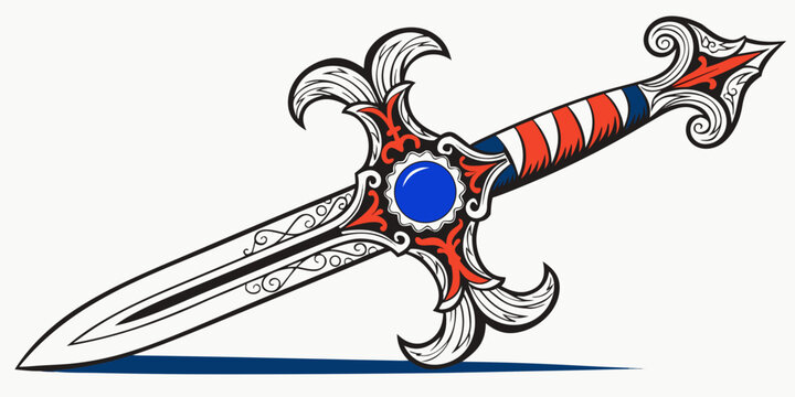 Ornate dagger with intricate designs and a blue gemstone on the hilt medieval weapon fantasy weapon sword hilt ornate design intricate pattern artistic weapon medieval art weapon illustration