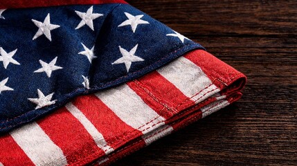 Fototapeta premium Close up of a folded American flag with stars and stripes resting on a rustic wooden surface