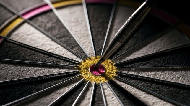 Dart striking the exact center of a dartboard, representing successful aim, perfect execution, and reaching a strategic objective