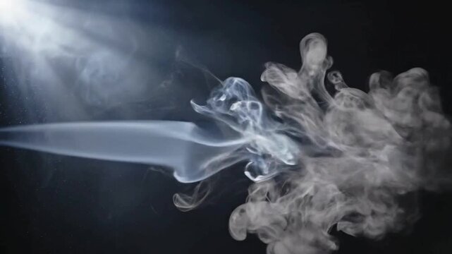 White smoke plume illuminated by a dramatic spotlight against a dark black background