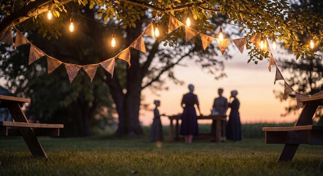 Rustic outdoor event with glowing string lights and bunting at sunset