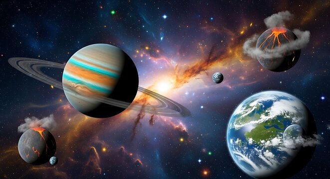 Planets and spacecraft in galaxy space.