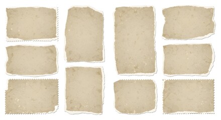 Fototapeta premium Collection of blank vintage paper scraps with torn edges paperwork stationery parchment isolated background document textured collection material