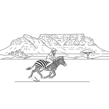 Person Riding Zebra Across Scenic Mountainous Landscape.