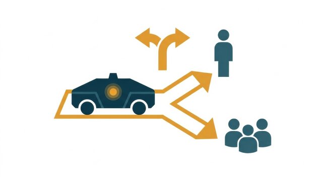 A scene showing an autonomous vehicle making choices on the road with people around it. The focus is on decision-making and ethics.
