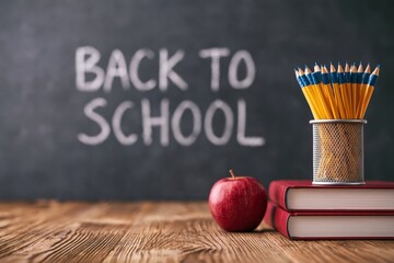 Naklejka premium School desk with books and apple for education on a blackboard in the class room