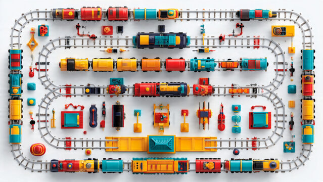 colorful toy train set with tracks and accessories in vibrant hues arranged in a playful pattern
