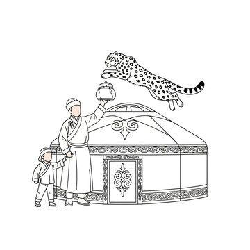 Traditional Mongolian Yurt with Family and Snow Leopard Illustration.