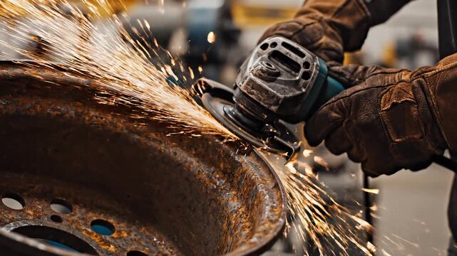 Close-up of a worker using an angle grinder on a metal car rim, creating bright flying sparks in a workshop