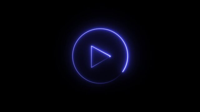 A blue neon play button icon enclosed within a glowing circle on a dark background.
