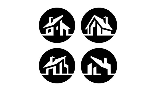 Modern real estate logo emblems set with geometric black house silhouette icons in circular badges