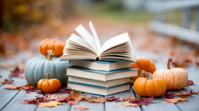 Stack of books with open pages and diverse pumpkins, autumn leaves creating a cozy fall reading display