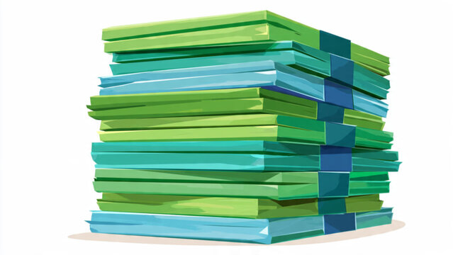 Tall stack of colorful folders and documents in shades of green blue and cyan representing organization and data storage