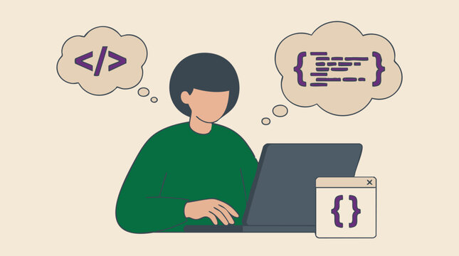Illustration of person coding on a laptop, thinking about web development