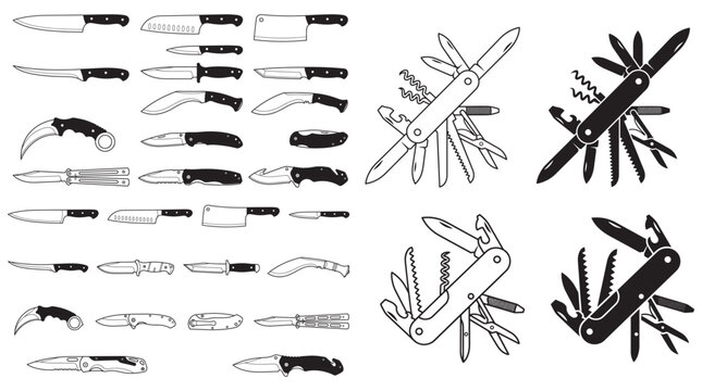 Assorted Knife and Multi-Tool Illustrations Line Art Set With Folding Blades and Pocket Knives