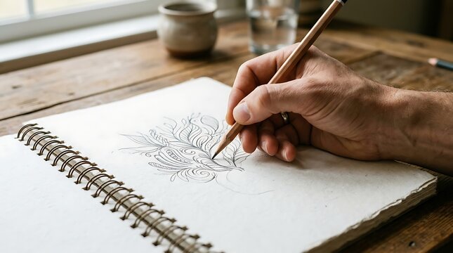 Close up of a hand sketching a floral pattern in a spiral notebook