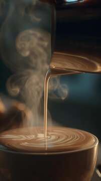 Close up of milk pouring into coffee creating swirling latte art with steam rising