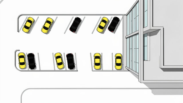 top view parking lot with yellow and black cars near building entrance