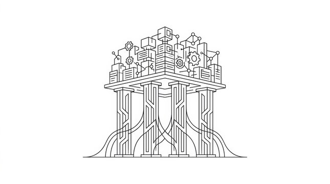 This visual represents responsible artificial intelligence governance with pillars holding technology elements and ethics concepts
