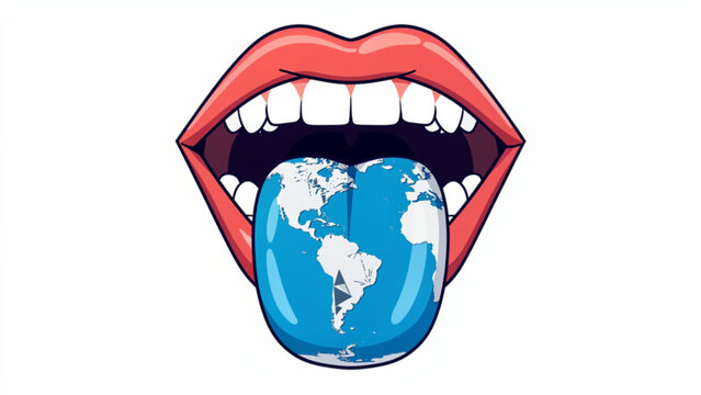 Illustration of a mouth with red lips and white teeth biting a globe depicting earth in blue and green colors