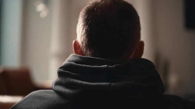 Back view of man wearing hoodie sitting alone in dimly lit room