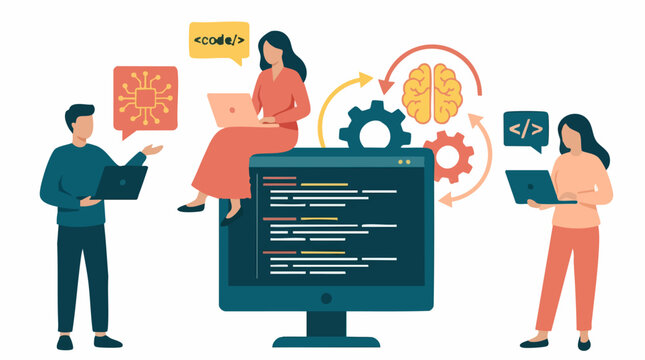 Programmers coding, developing AI and software, technology collaboration