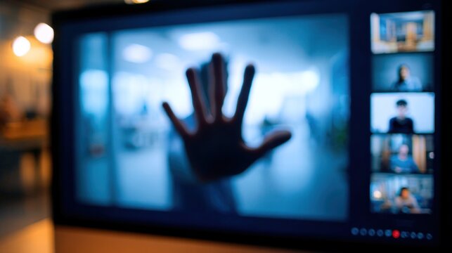 Video conference with hand reaching screen