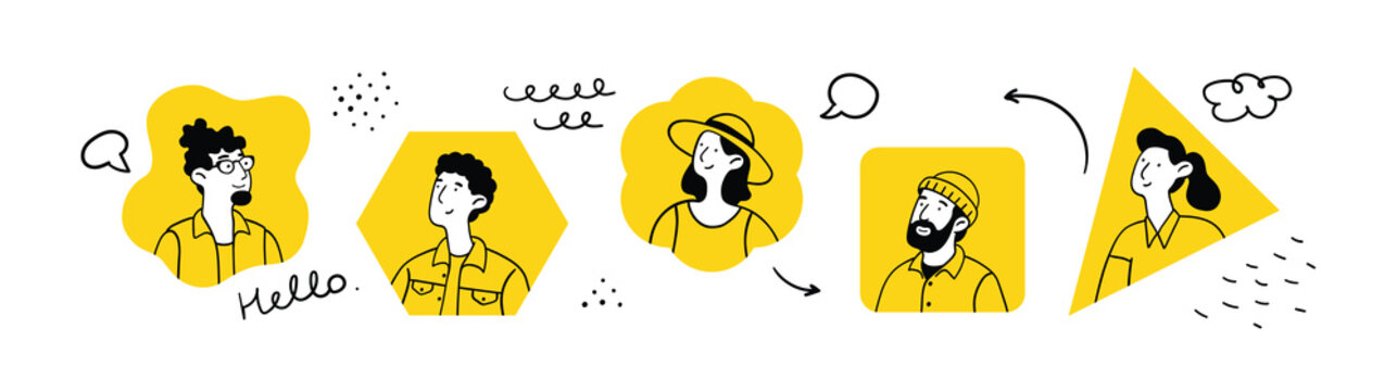 Set of various avatars, different shapes. Female and male userpics, hand drawn doodle style, black and white. Abstract avatars on solid yellow shapes, persons smiling portraits. Isolated form on white