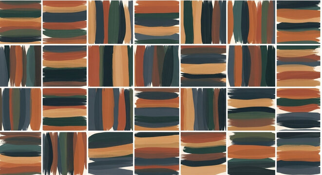 A visually captivating mosaic of numerous rectangular segments, each featuring a distinct abstract pattern of painterly brushstrokes in earthy tones of rust, forest green, and deep navy
