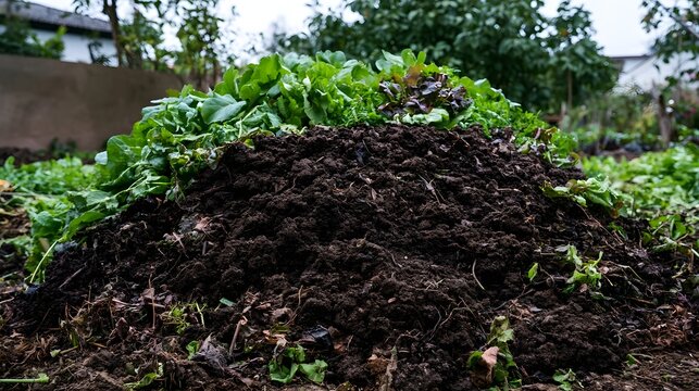 A vibrant green compost heap showcasing rich organic soil used for sustainable gardening practices
