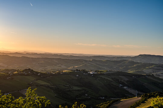 Marche, spectacular view and sunset on the Marche hills from the Ripatransone viewpoint. 2026