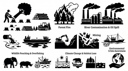 Obraz premium Environmental Destruction Silhouette Collection – Deforestation, Pollution, Climate Change and Wildlife Threat Vector Set