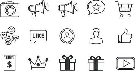  Digital social media marketing and online shopping line icons set containing megaphone camera retail cart gift thumbs up elements © SALMA