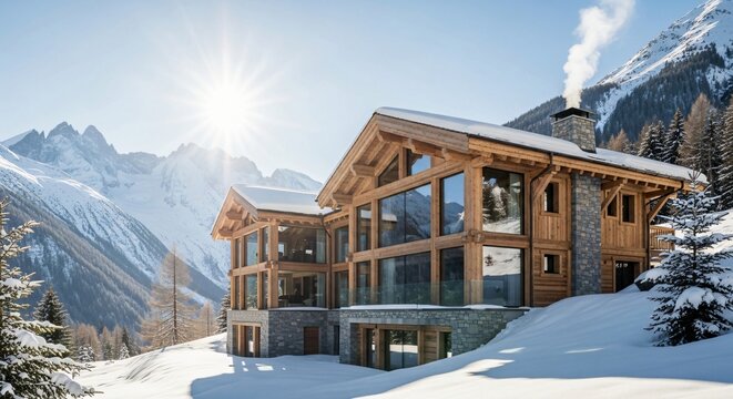 Luxury wooden chalet in the snowy french alps during a sunny winter day