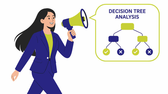 Woman with megaphone and decision tree analysis diagram.