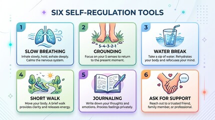 Naklejka premium Infographic titled six self regulation tools with icons and text on white background