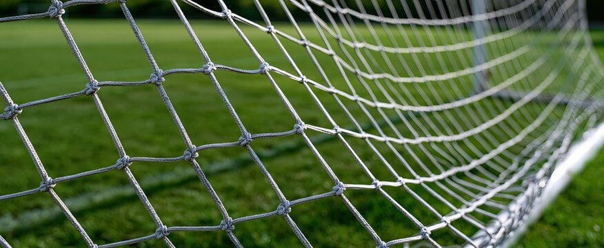 A soccer goal net stands against a vivid green field under clear daylight, highlighting sports gear.