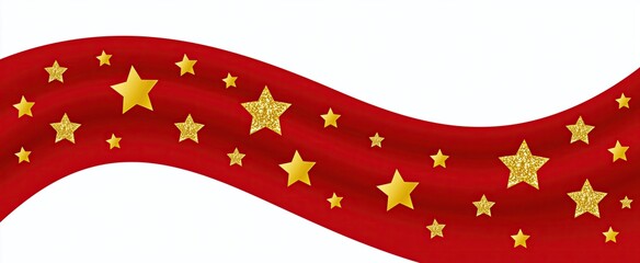 Fototapeta premium A vivid red banner decorated with sparkling gold stars against a clean white backdrop, ideal for festive or patriotic themes.