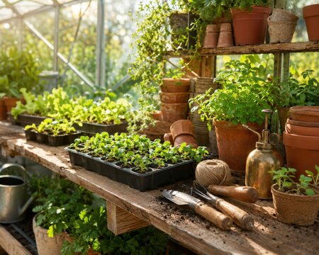 Serre de jardinage ensoleill&eacute;e avec jeunes plants et outils