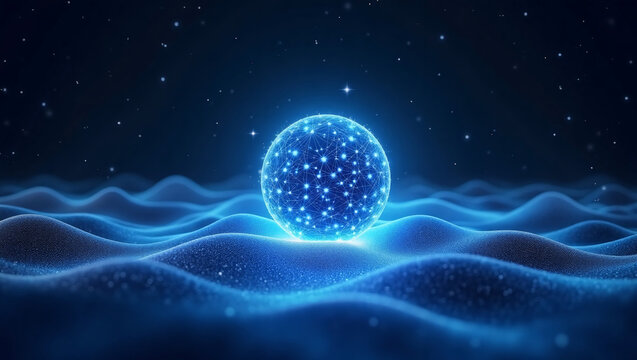 Luminous blue network sphere resting on wavy particle landscape, dark starry tech backdrop